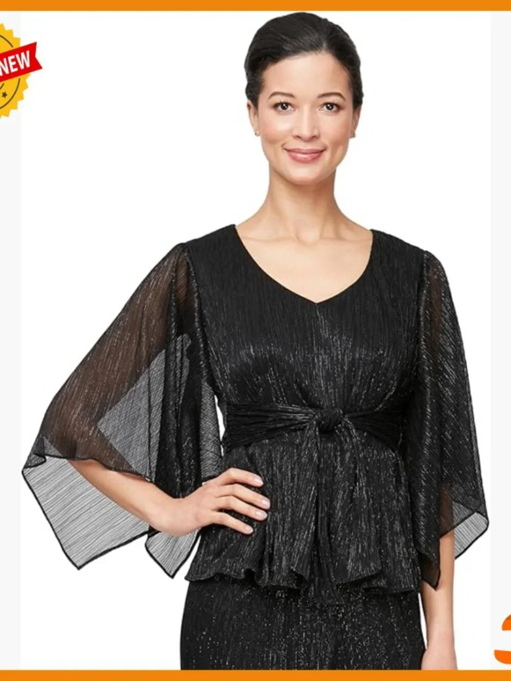 V-Neck Tie Waist Blouse with Metallic Detail, 3/4 Hanky Hem Sleeves